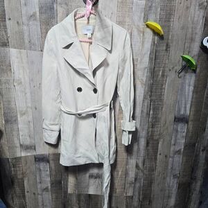 Lewit Beige Polka Dot Silk Linen Blend Trench Coat Small Designer Luxury Outdoor